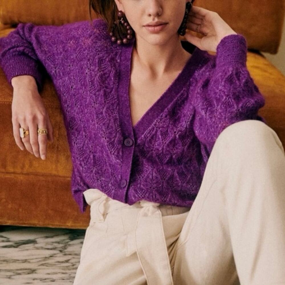 Sezane (S) Marlow Jumper Purple Knit Cardigan Wool Blend Parisian Chic